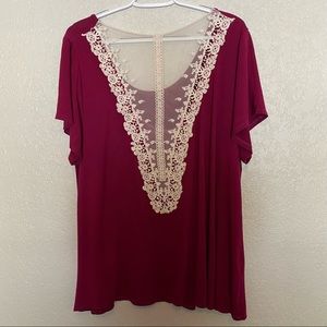 2 for $20 | OSO Casual | Maroon Cap-Sleeve Lace-Back Tunic | Size 1X